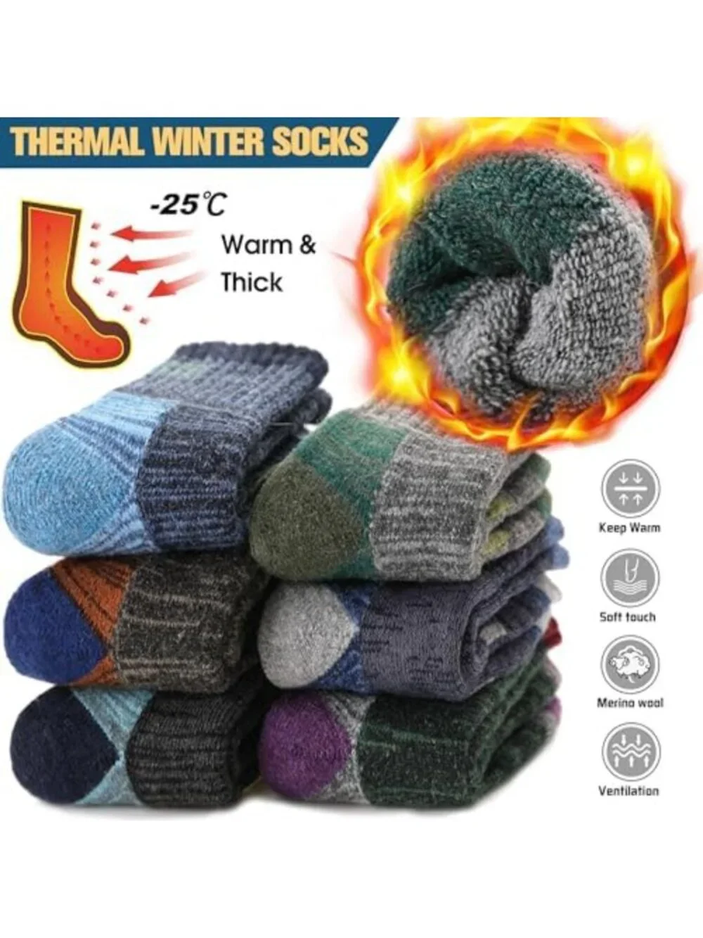 Cozy Kids Merino Wool Hiking Socks - Thermal, Thick, Moisture-Wicking, 6 Pairs